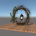 Nest Shaped Outdoor Garden Ornament With Wooden Platform Bench And Green Vines Decoration