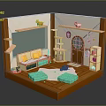 Miniature Room Furniture with Sofa Shelves Window Door Yellow Pillows and Green Cushions
