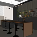 Modern Restaurant Interior With Black Cabinets Hanging Light Island Counter And Bar Stools