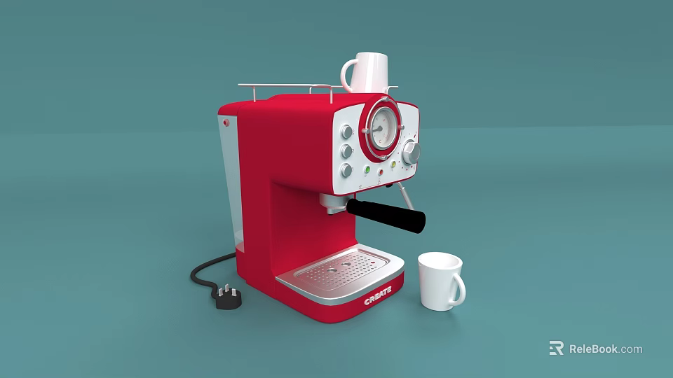 Red Espresso Coffee Machine With White Cups And Power Plug As Modern Kitchen Appliance 3d model 