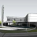 Modern Sales Office Building With Curved Glass Facade And Landscape Design 3d model