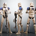 Clone Trooper Figure Three Quarter Front Back Views With White Blue Armor And Blaster Rifles 3d model