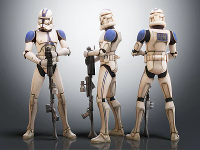 Clone Trooper Figure Three Quarter Front Back Views With White Blue Armor And Blaster Rifles 3d model