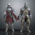 Two Medieval Armor Clad Figures With Rusted Metallic Plates Red Cape And Worn Details