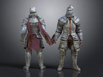 Two Medieval Armor Clad Figures With Rusted Metallic Plates Red Cape And Worn Details 3d model