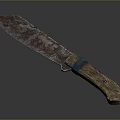 Rustic Combat Knife With Weathered Blade And Wooden Handle Blue Accent