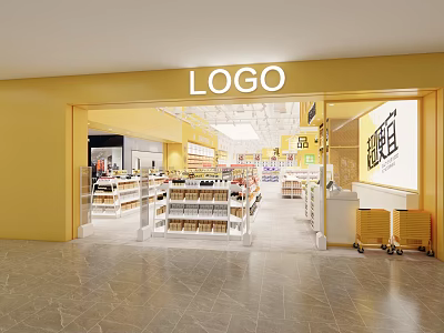 Bright Yellow Shopping Mall Store Entrance with Shelves Products and Shopping Carts 3d model