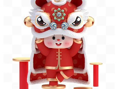Exquisite Traditional Chinese Lion Dance Headgear Sculpture Featuring Child in Red Clothing and Red Pillars 3d model