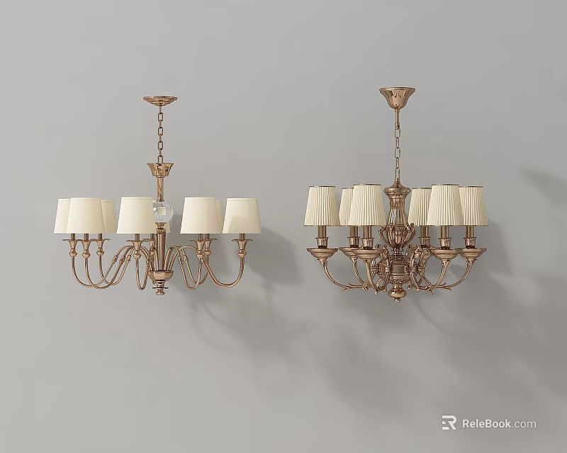Tech Exhibition Hall Featuring Classic Chandeliers With Golden Frame And White Lampshades 3d model 