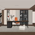 Style Study Bookcase Desk Computer Chair Fabric Stool Potted Plant Ornaments 3d model