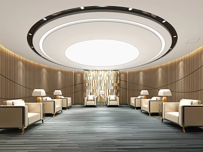 Modern Hotel Public Lounge with Comfortable Sofas Round Ceiling Light and Wooden Panel Walls 3d model