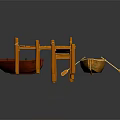 Wooden Boat 3D Model Design With Wooden Dock Red Seat And Oar