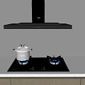 Modern Kitchen Cookware with Black Range Hood Gas Stove Transparent Pot and White Countertop