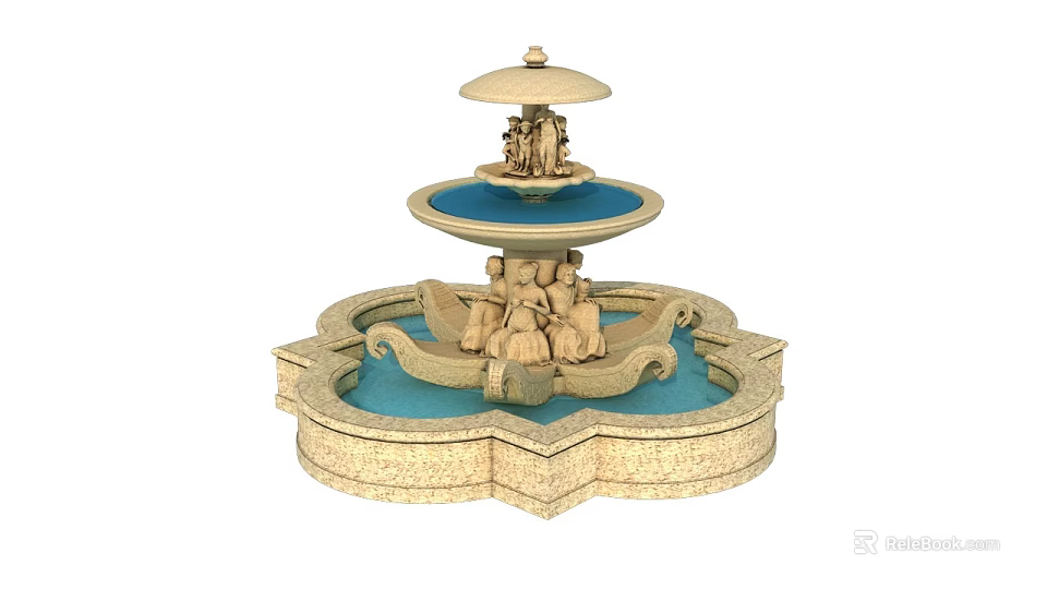 Garden Ornament Fountain Two Tiered Carved Stone Base Blue Basin Canopy Top With Small Figurines 3d model 