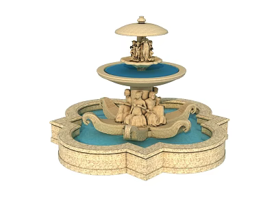 Garden Ornament Fountain Two Tiered Carved Stone Base Blue Basin Canopy Top With Small Figurines 3d model