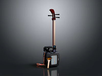 Erhu Musical Instrument with Paint Palette and Brushes on Shiny Surface for Art Music Lovers 3d model