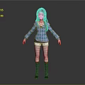 Woman With Long Black Hair Dressed In Blue Argyle Sweater And White Shorts
