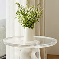 Potted Bonsai Plant In White Vase On Transparent Round Table With Mountain View