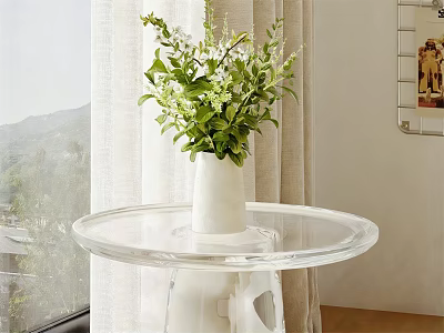 Potted Bonsai Plant In White Vase On Transparent Round Table With Mountain View 3d model