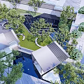 Modern Pergola Garden Landscape With Greenery Water Feature And Lawn Pathway