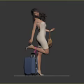 Elegant Woman In Beige Dress Holding Brown Handbag Near Blue Suitcase On Geometric Patterned Carpet