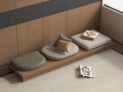 Minimalist Japanese Sofa Stools With Wooden Base Gray Beige Cushions And Magazines On Tatami Floor 3d model