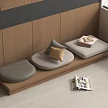 Minimalist Japanese Sofa Stools With Wooden Base Gray Beige Cushions And Magazines On Tatami Floor