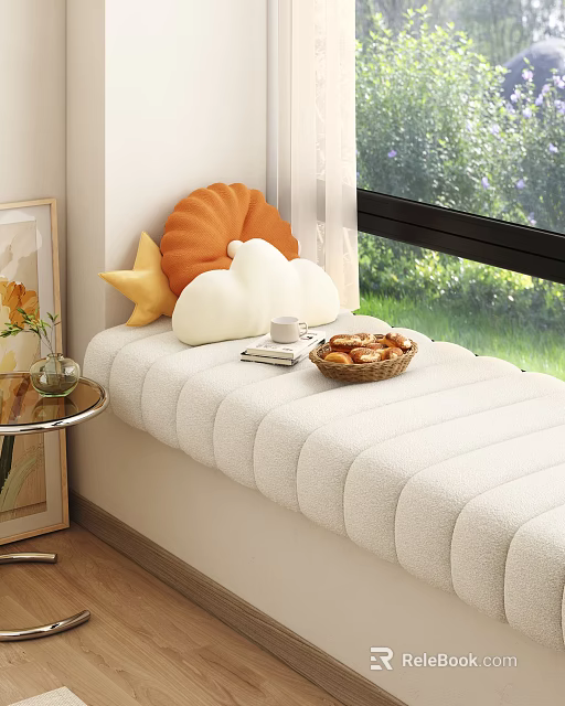 Cozy Bay Window Cushion With Pillows And Daily Items 3d model 