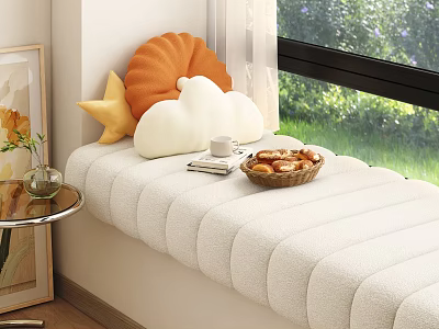 Cozy Bay Window Cushion With Pillows And Daily Items 3d model