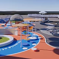 Colorful Children's Play Area With Slides Circular Structures And Various Play Zones