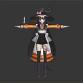 Halloween Witch Character With Black Cat Long Black Hair And Pumpkin Pattern Dress