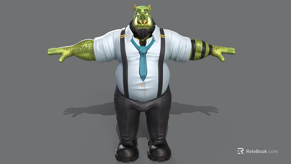 Game Movie Character Green Skinned Bearded in White Shirt Blue Tie Black Suspenders Arms Outstretched 3d model 