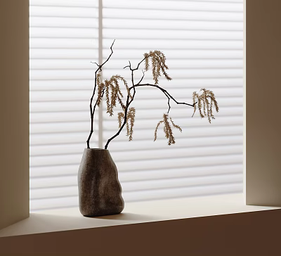 Gray Irregular Vase With Slender Drooping Spiky Branches On Windowsill White Blinds 3d model