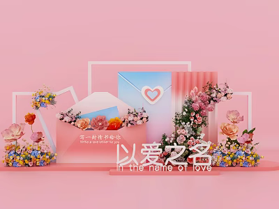 Romantic Photo Spot with Pink Background Envelope Heart Decoration and Colorful Flower Arrangements 3d model