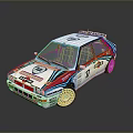 White Rally Car With Red Blue Stripes Sponsor Logos And Racing Wheels