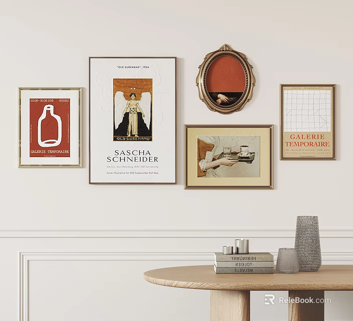 Interior Wall Art Display With Various Framed Paintings And Decorative Table Items 3d model