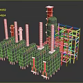 Industrial Equipment Structures With Chimneys Red Components And Metal Frames