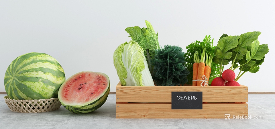 Assorted Fresh Vegetables in Wooden Crate Featuring Chinese Cabbage Carrots and Green Herbs 3d model 