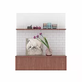 Decorative Ornament Set With Pink Vase Purple Tulips And Horse Painting On White Tiled Wall