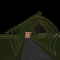 Green Ivy Covered Pergola With Curved Wooden Frames Stone Path Through Grassland And Distant Mountains