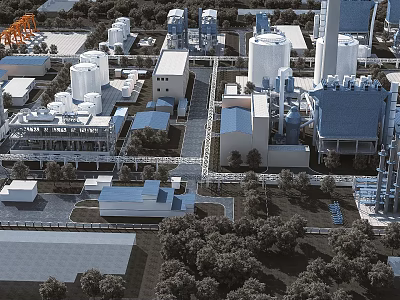 Industrial Plant Featuring Factory Buildings Storage Tanks Equipment And Surrounding Greenery 3d model