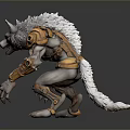 White Fur Wolf Like Creature 3D Model With Orange Mechanical Armor In Crouching Pose