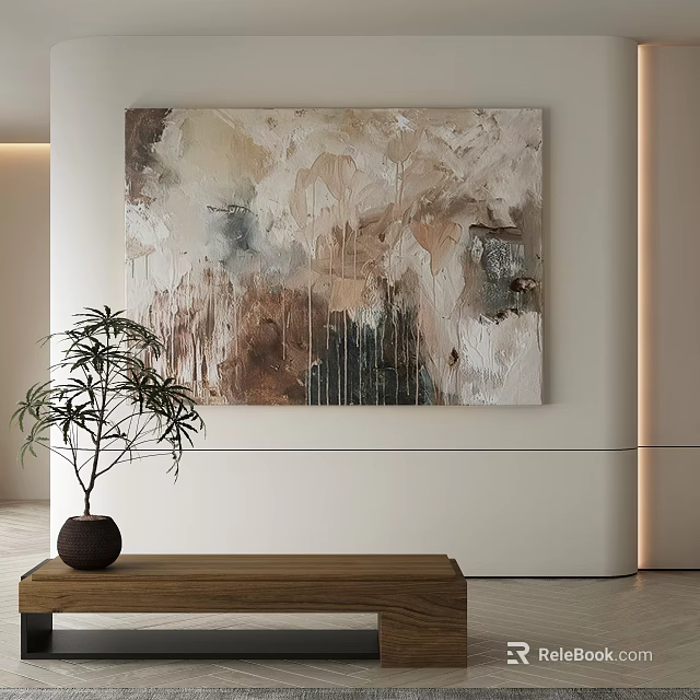 Neutral Tones Abstract Painting In Modern Interior With Wooden Table And Green Plant 3d model 