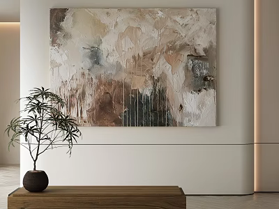 Neutral Tones Abstract Painting In Modern Interior With Wooden Table And Green Plant 3d model