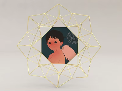Golden Geometric Frame Wall Decor With Winged Child Illustration And Dark Background 3d model