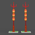 Traditional Red Roadside Facilities With Lanterns And Green Patterned Bases 3d model