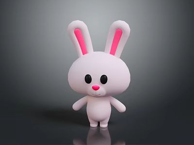 Adorable White Cartoon Rabbit Figure With Pink Ears Black Eyes And Shiny Surface 3d model