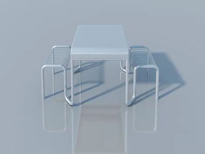 Modern White Dining Table With Metal Frame Chairs And Reflective Floor Surface 3d model