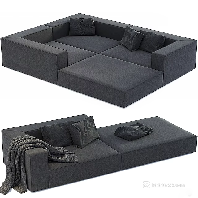 Dark Gray Modern Sectional Sofa with Plush Cushions and Soft Throw Blanket 3d model