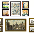 Modern Decorative Wall Art With Central Leaf Pattern And Surrounding Small Framed Prints